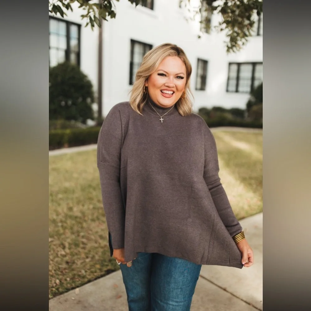 Charcoal Mock Neck Side Slit Oversized
Knit Top - Picture 2 of 6